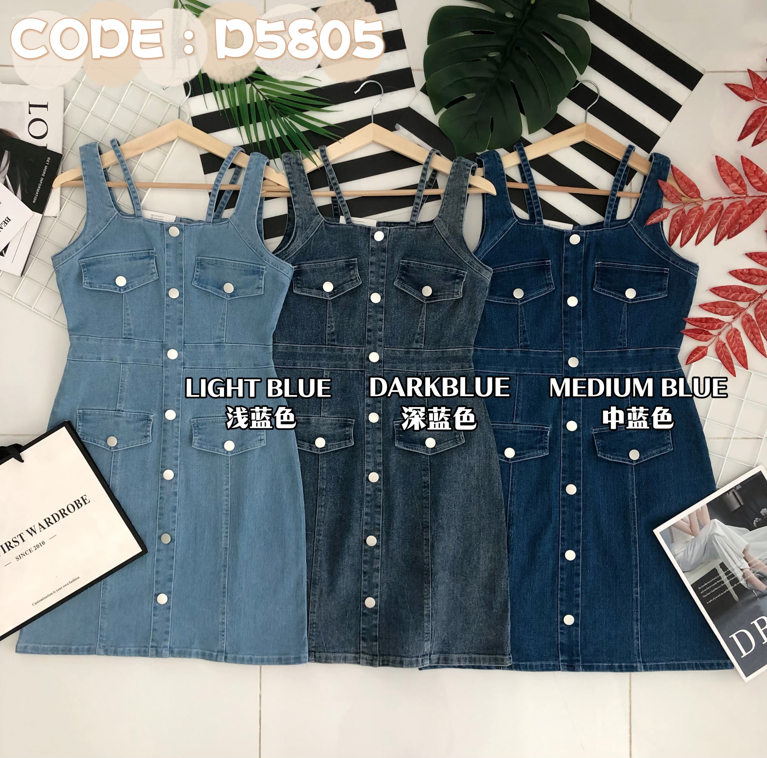 【D5805】高品质COTTON JEANS假排扣设计方领无袖牛仔连身裙子 ❤️❤️