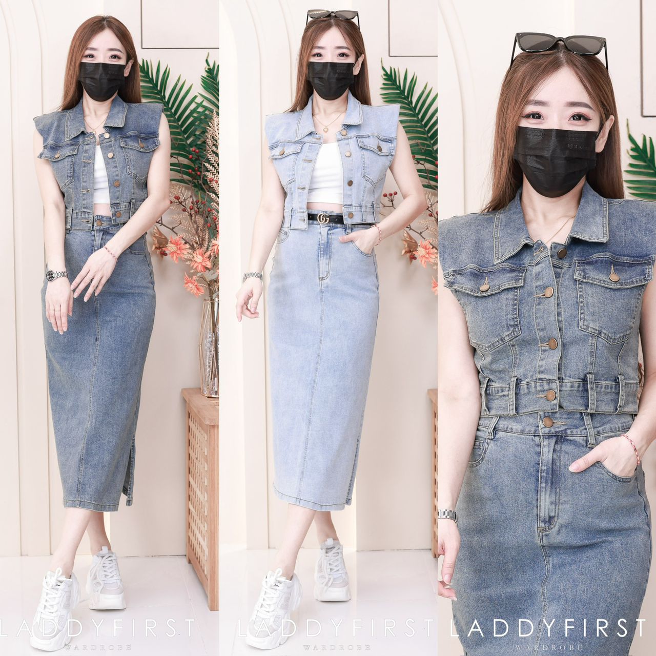 【SS3432】【独家小圆饼】高品质两件式韩版简约COTTON JEANS牛仔套装 带肩垫翻领无袖马甲上衣➕中长款牛仔高腰裙子，有口袋 ❤️❤️