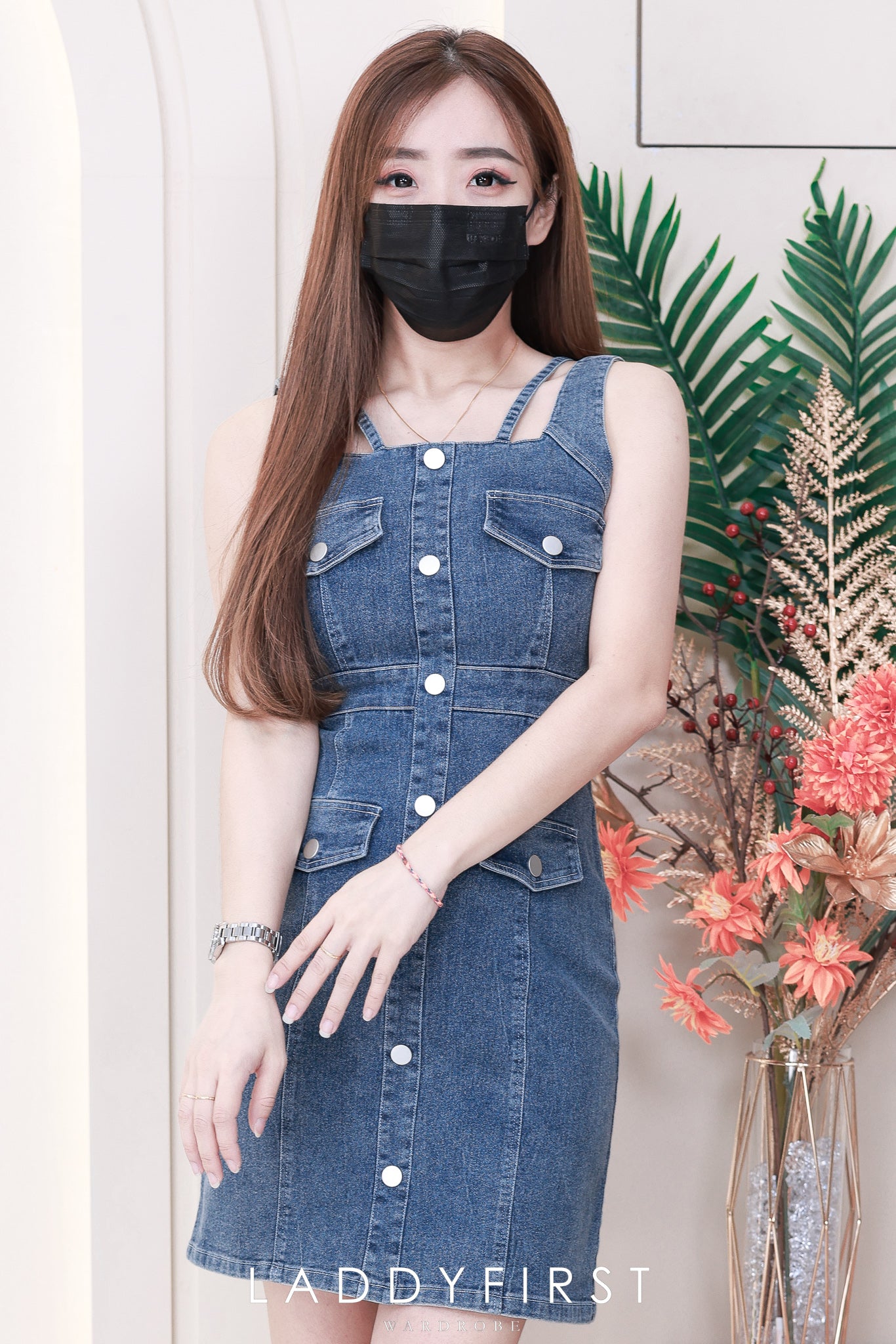 【D5805】高品质COTTON JEANS假排扣设计方领无袖牛仔连身裙子 ❤️❤️