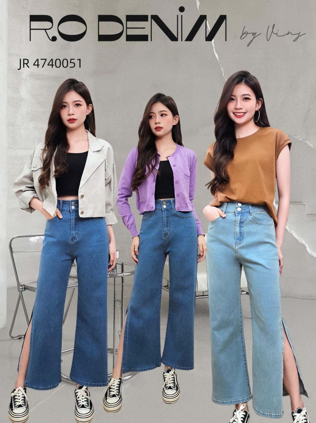 【L4740051】高品质COTTON JEANS牛仔弹力布气质高腰显瘦阔脚牛仔长裤，两侧脚边开叉设计，有口袋 ❤️❤️