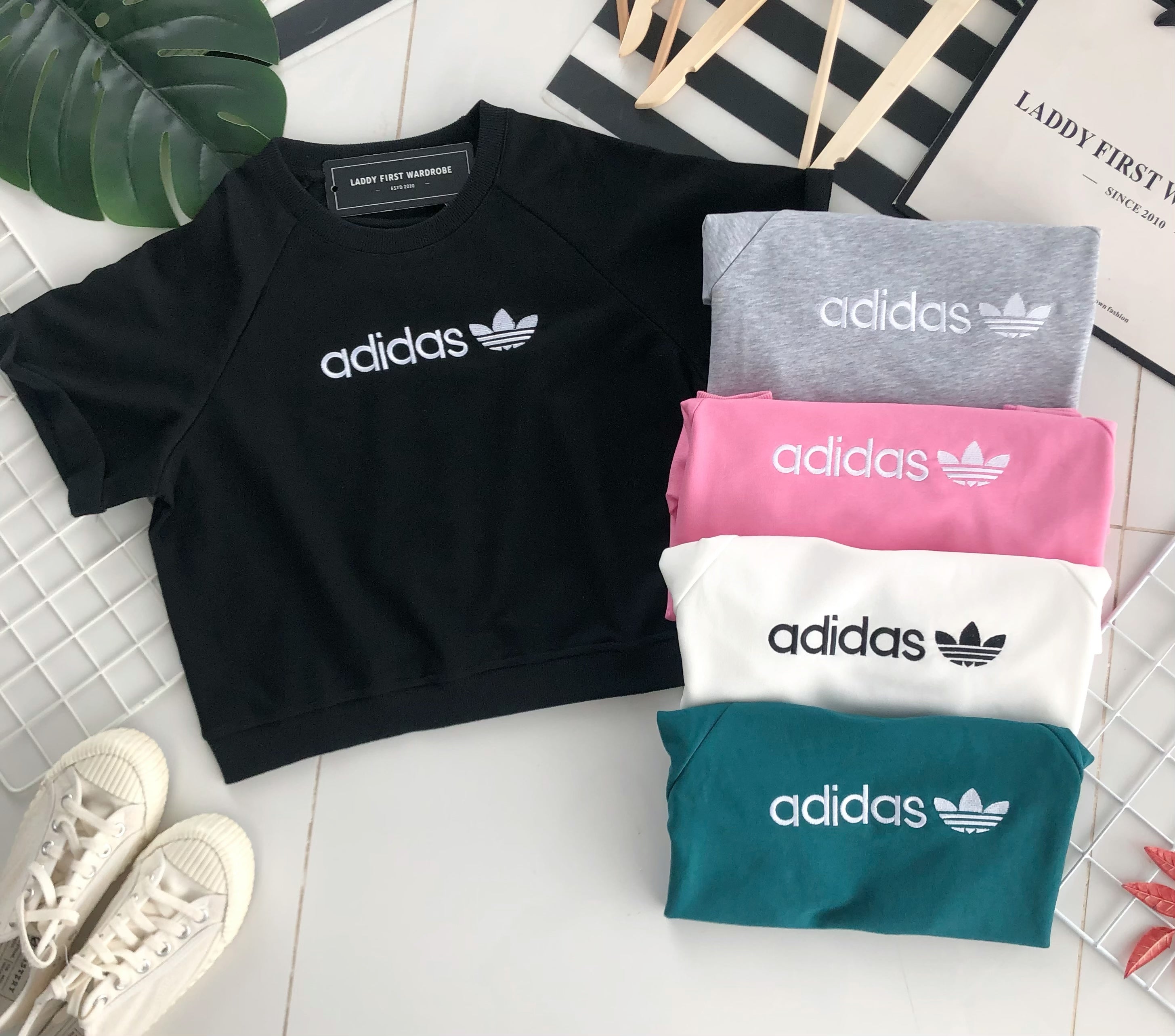 【T1323】高品质卫衣棉质adidas刺绣字母圆领短袖宽松休闲百搭上衣 ❤❤