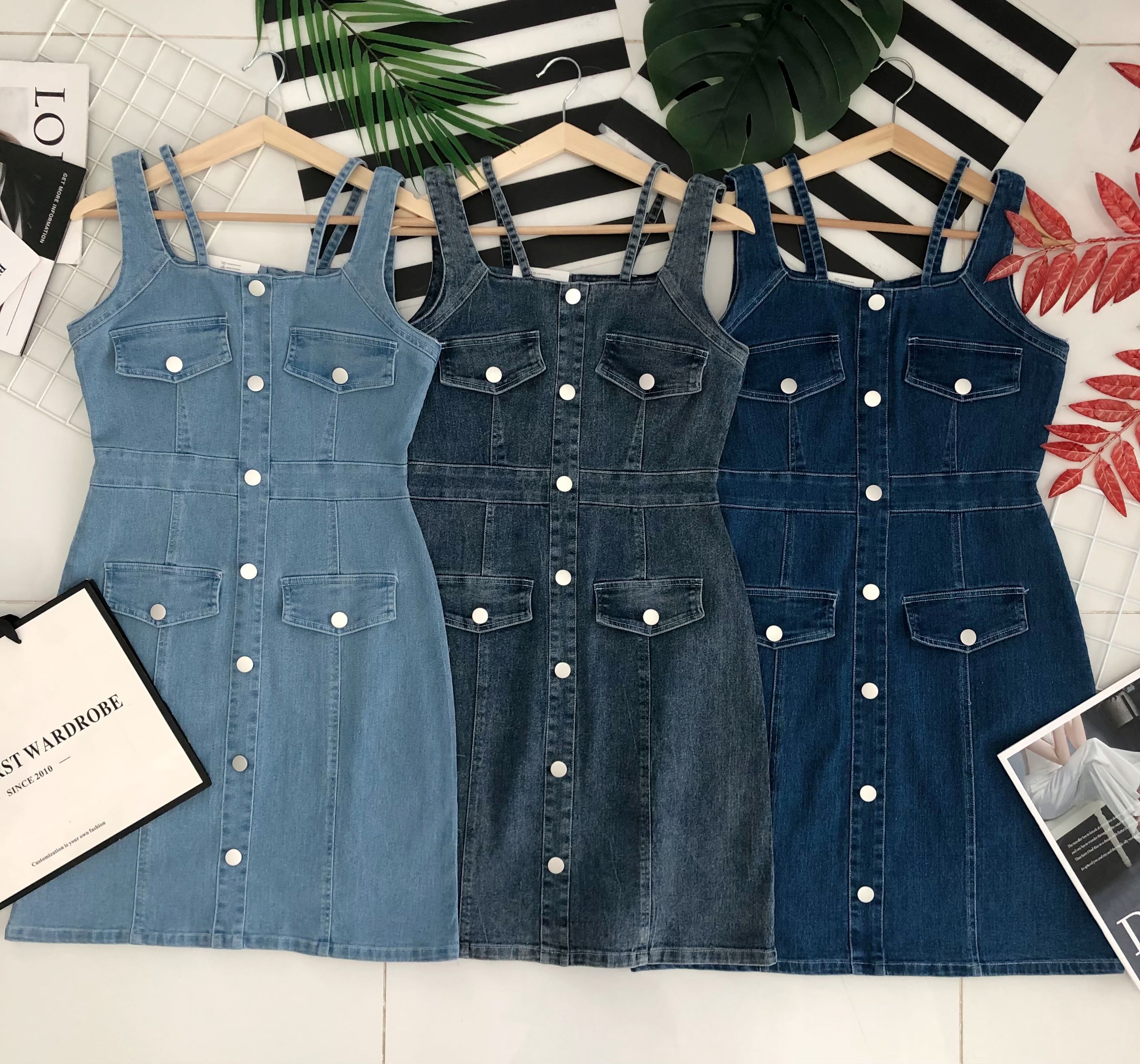 【D5805】高品质COTTON JEANS假排扣设计方领无袖牛仔连身裙子 ❤️❤️