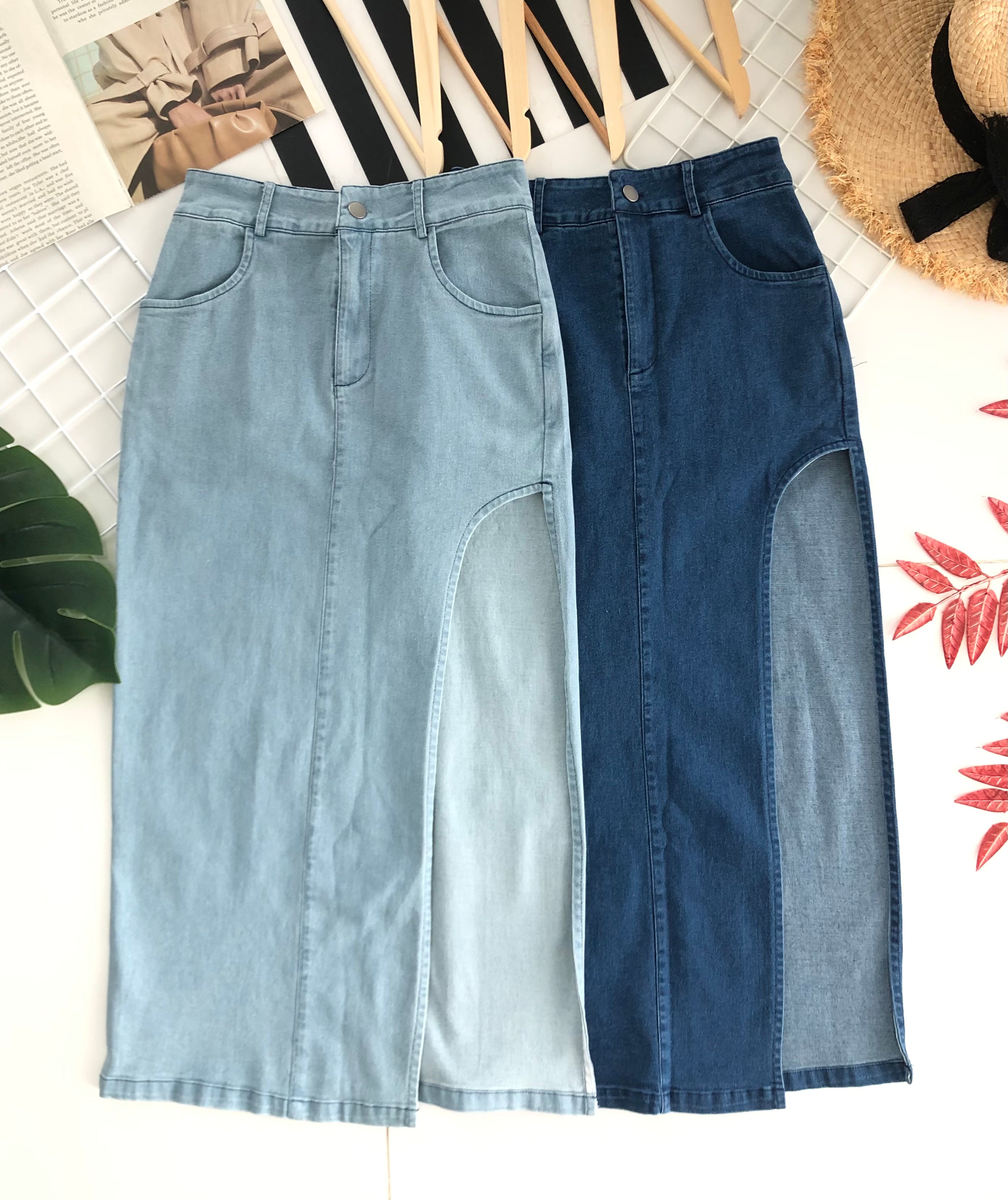 【L19027】高品质COTTON JEANS牛仔弹力韩版开叉设计高腰八分裙子，有口袋 ❤️❤️