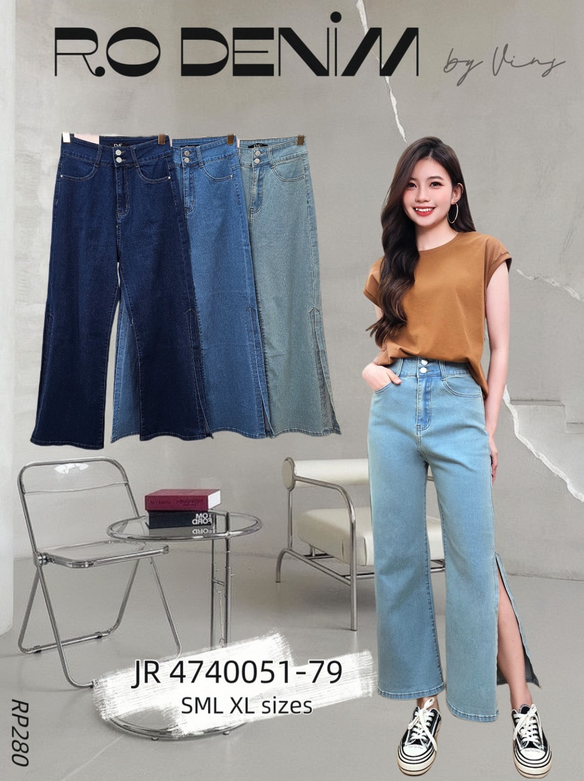 【L4740051】高品质COTTON JEANS牛仔弹力布气质高腰显瘦阔脚牛仔长裤，两侧脚边开叉设计，有口袋 ❤️❤️